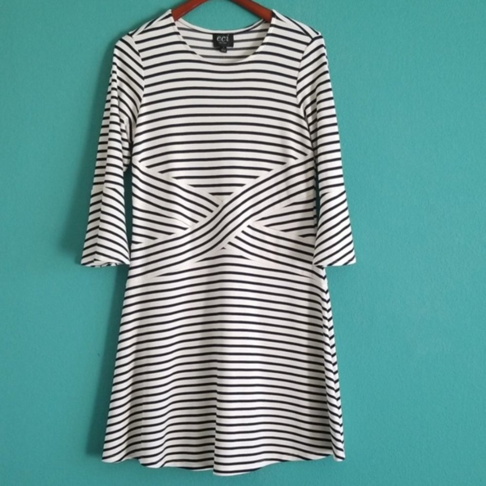 NWT {ECI} New York Ivory & Navy Striped A-line Dress